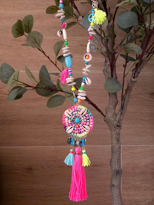 Boho Maxi Free Spirit Necklace with Pink Tassels and Cowrie Shells