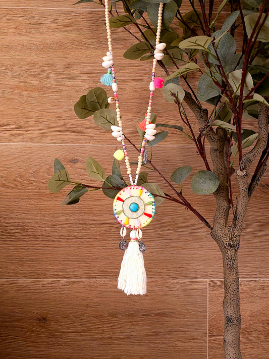 Bohemian White Maxi Necklace with Cowrie Shells and Tassels