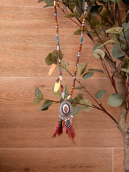 Bohemian Medallion Necklace with Feather and Beads