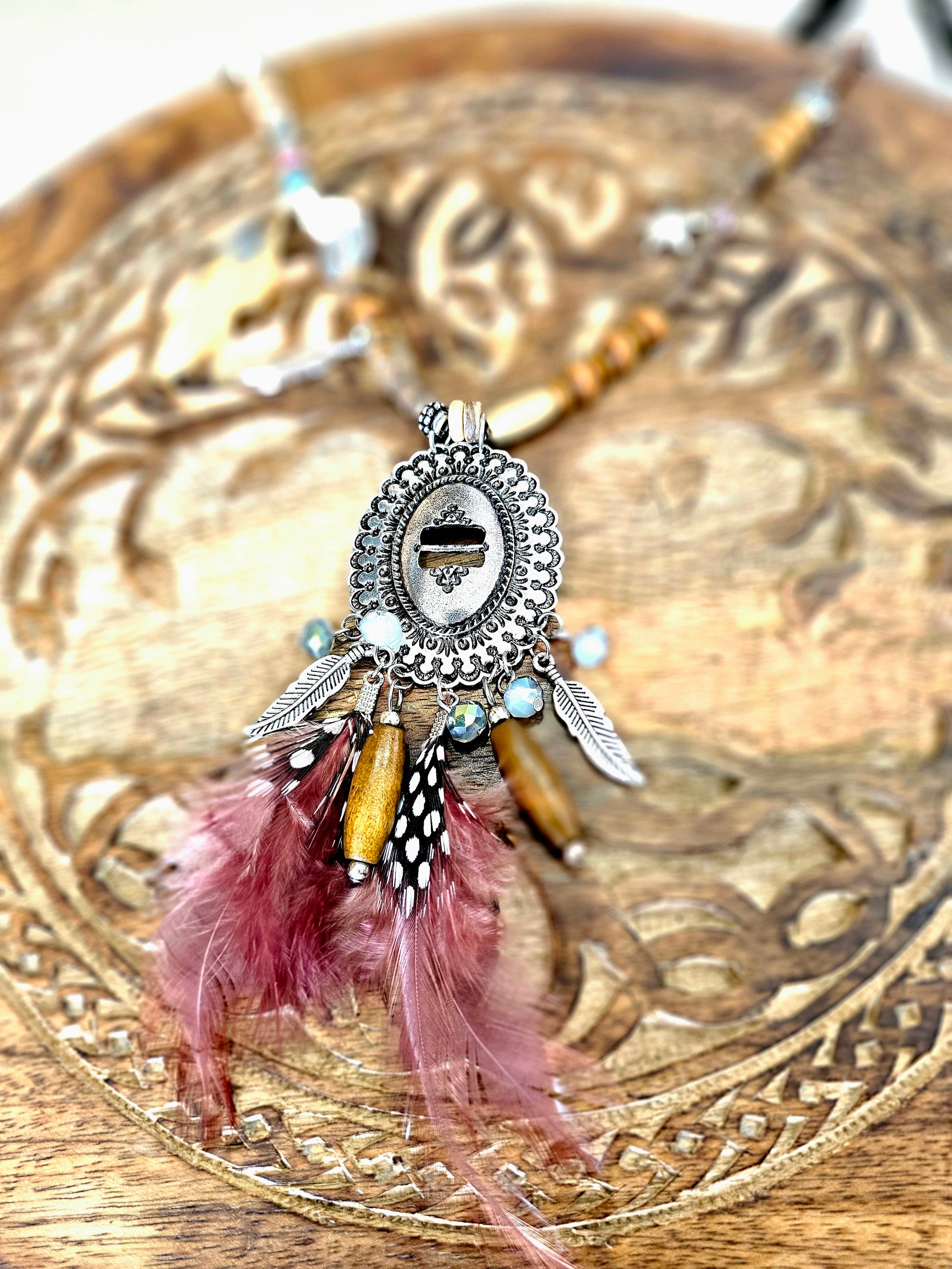 Bohemian Medallion Necklace with Feather and Beads