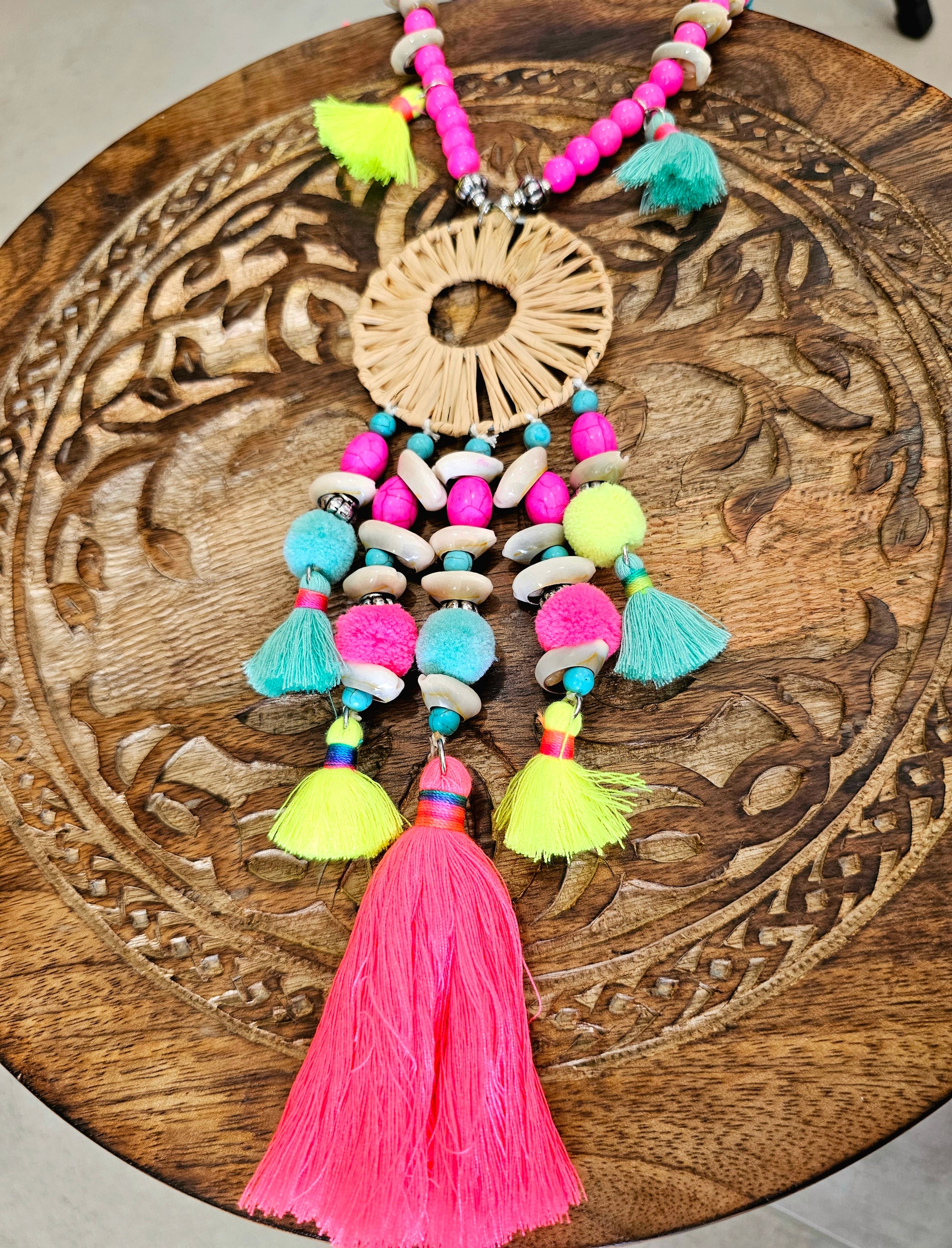 Bohemian Vibrant Pom-pom Necklace with Colorful Beads and Tassels