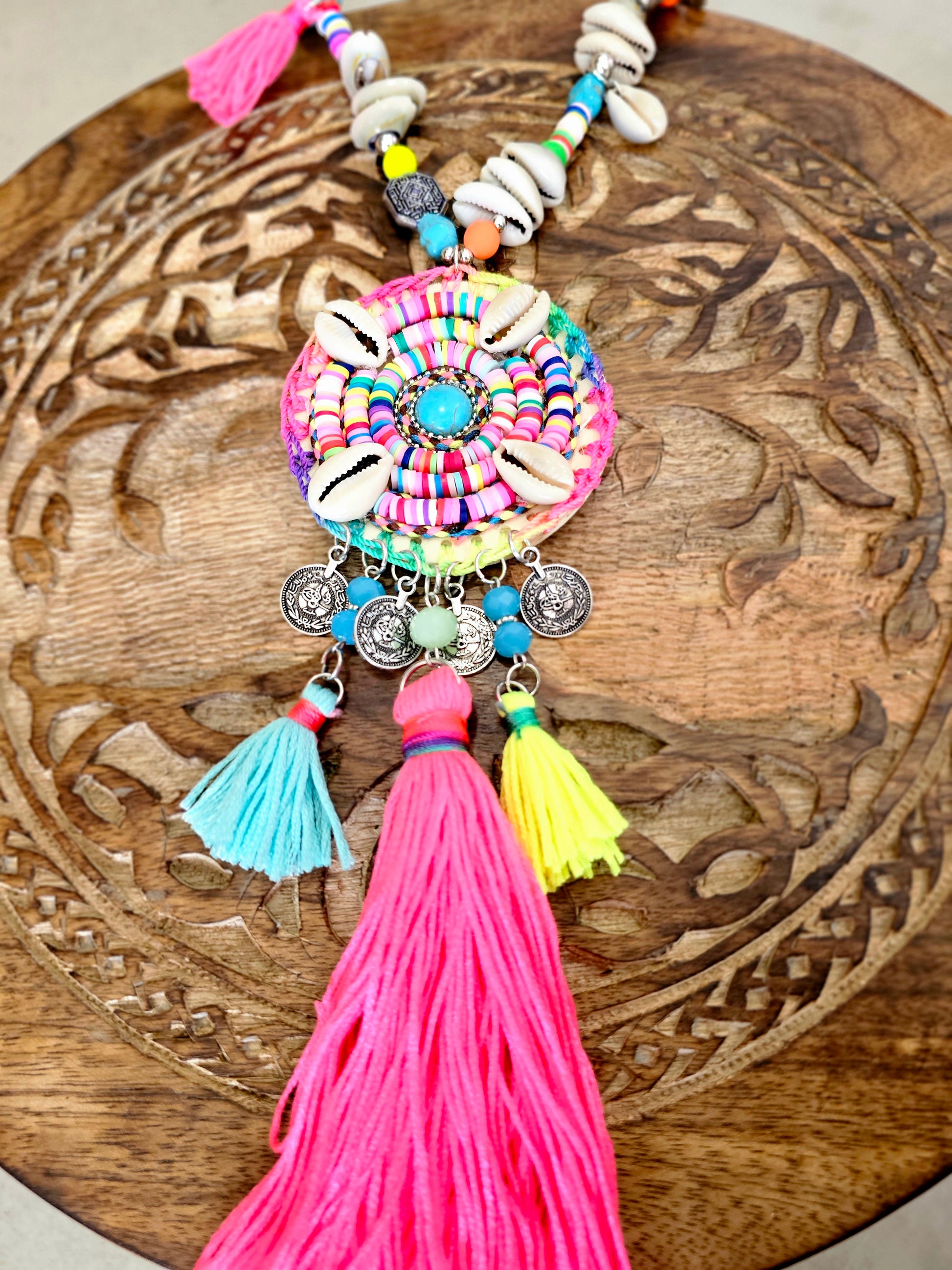 Boho Maxi Free Spirit Necklace with Pink Tassels and Cowrie Shells