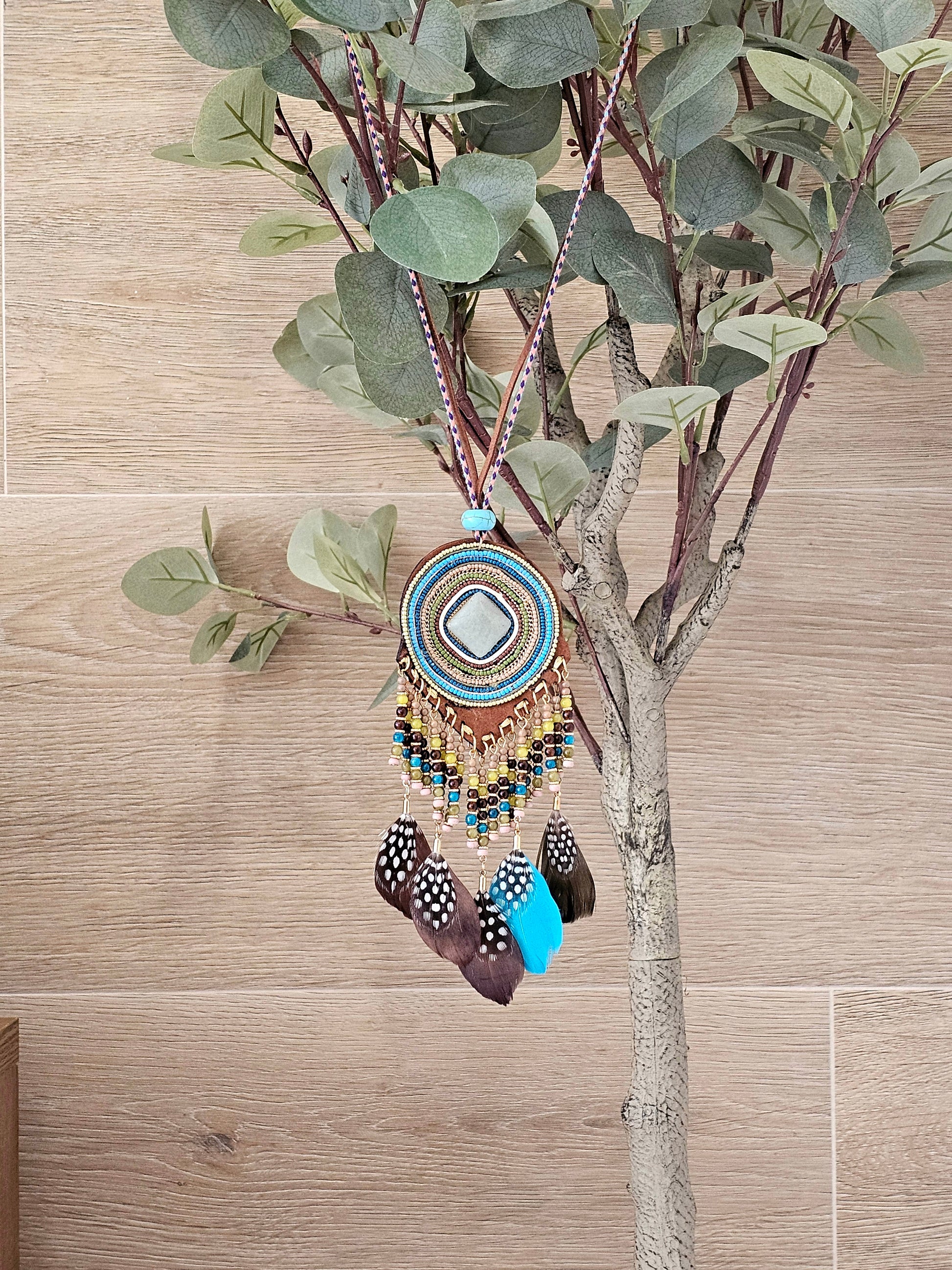Bohemian Stunning Necklace with Turquoise and Feathers