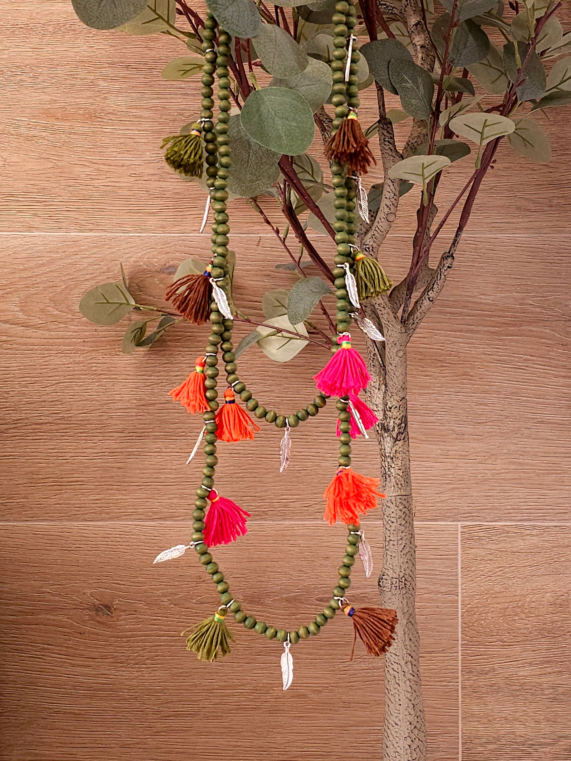 Bohemian long tassel necklace with green beads