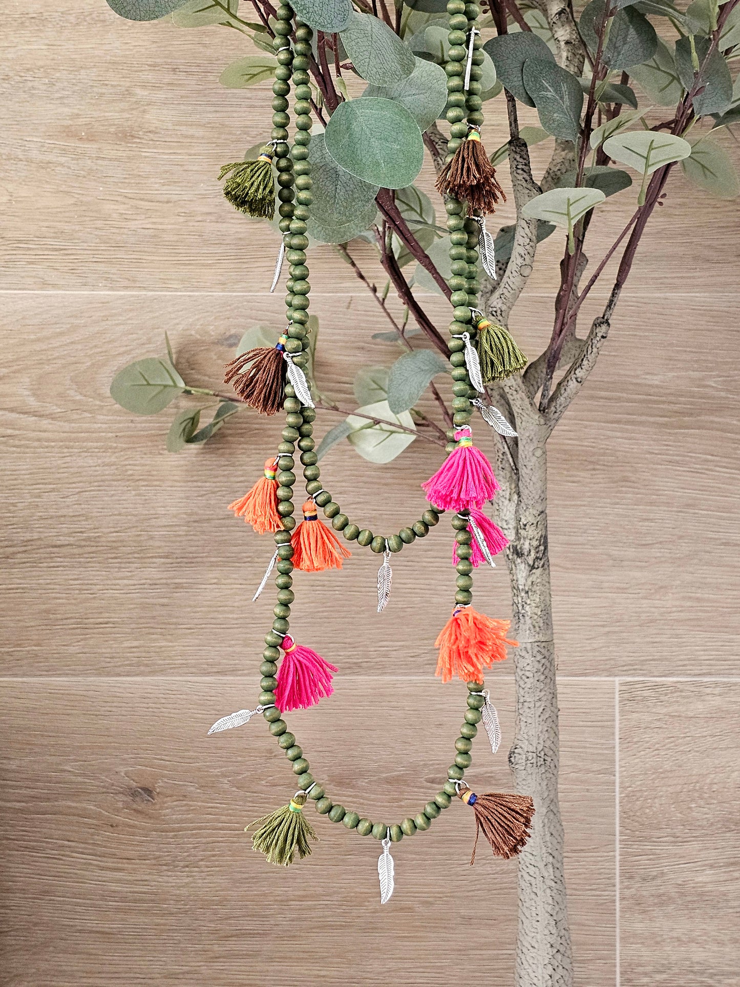 Bohemian long tassel necklace with green beads
