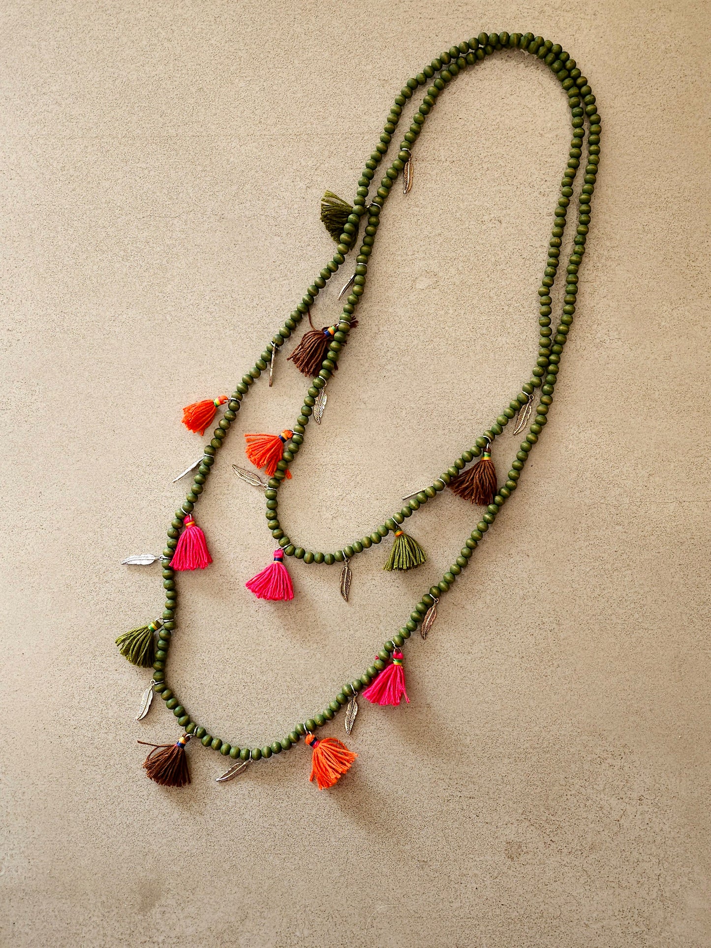 Bohemian long tassel necklace with green beads
