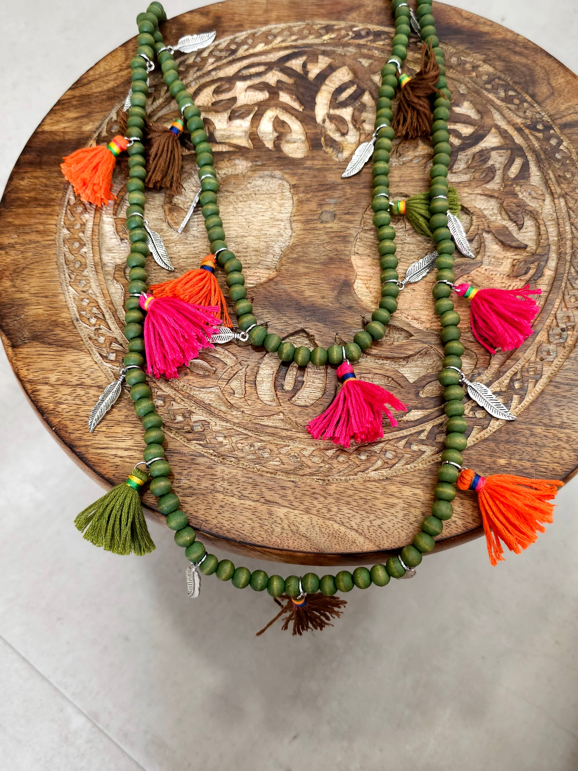 Bohemian long tassel necklace with green beads