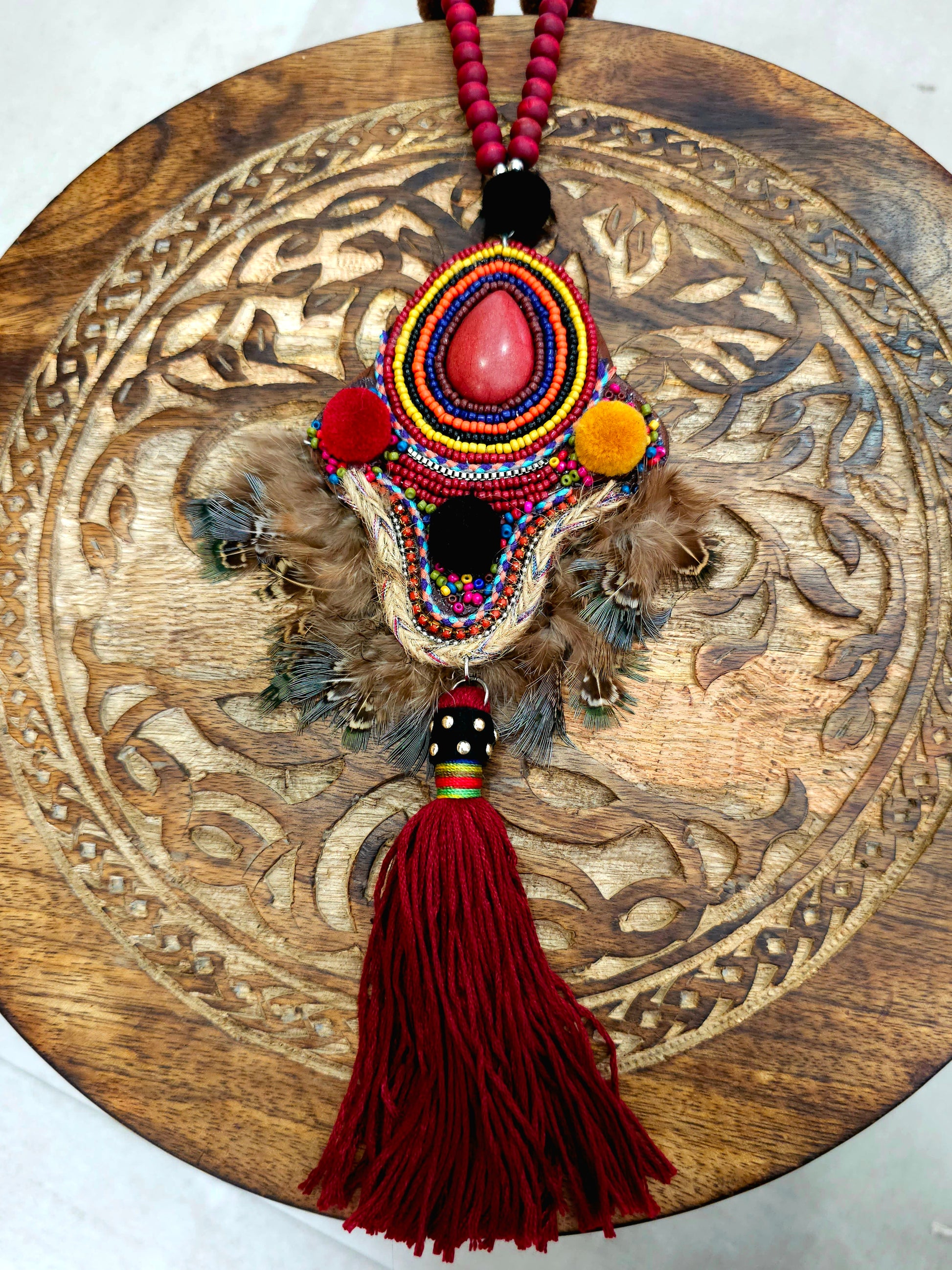 Bohemian Radiant Red Necklace with Tassel and Red Stone