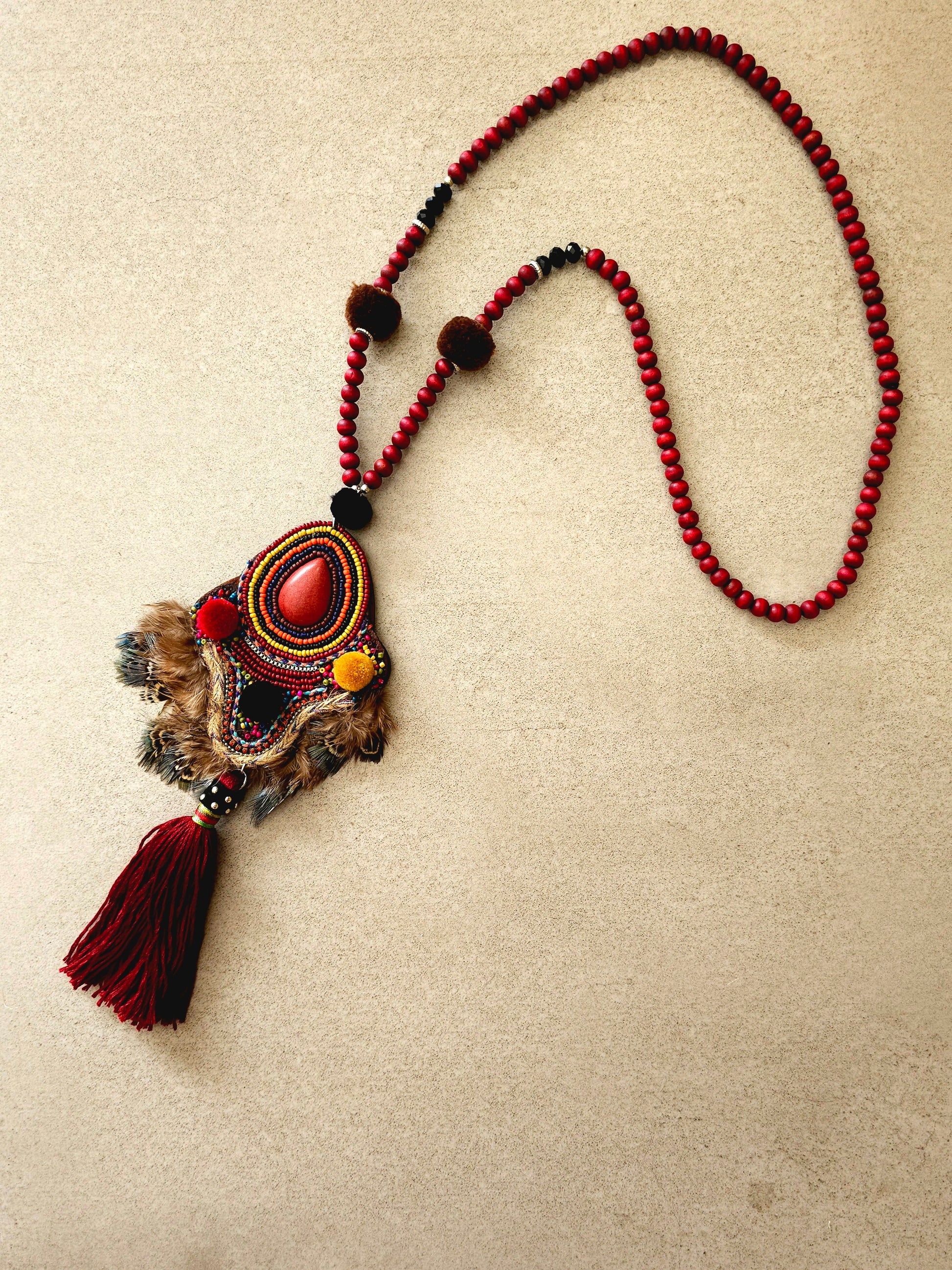 Bohemian Radiant Red Necklace with Tassel and Red Stone