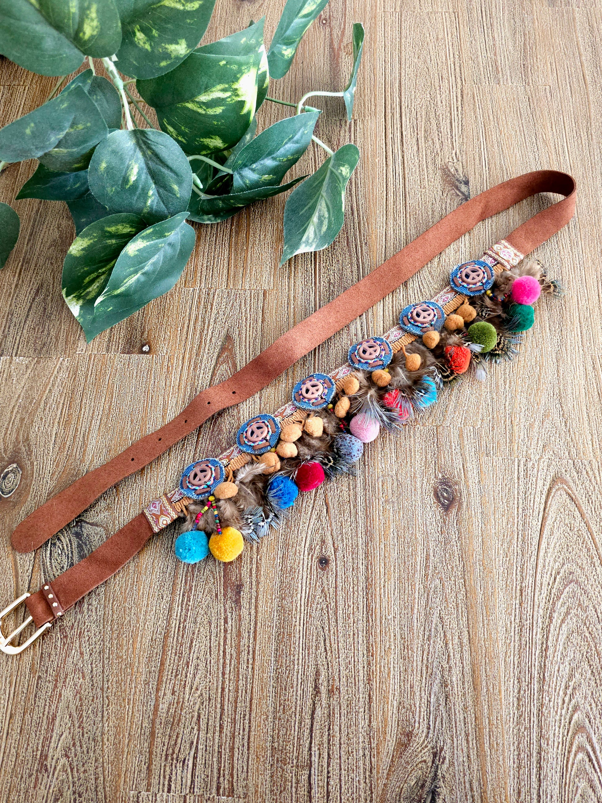 Bohemian Pom-pom Belt with Colorful Leather Strap