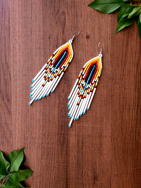 Rainbow Flame Earrings with Gradient Beads and Fringe