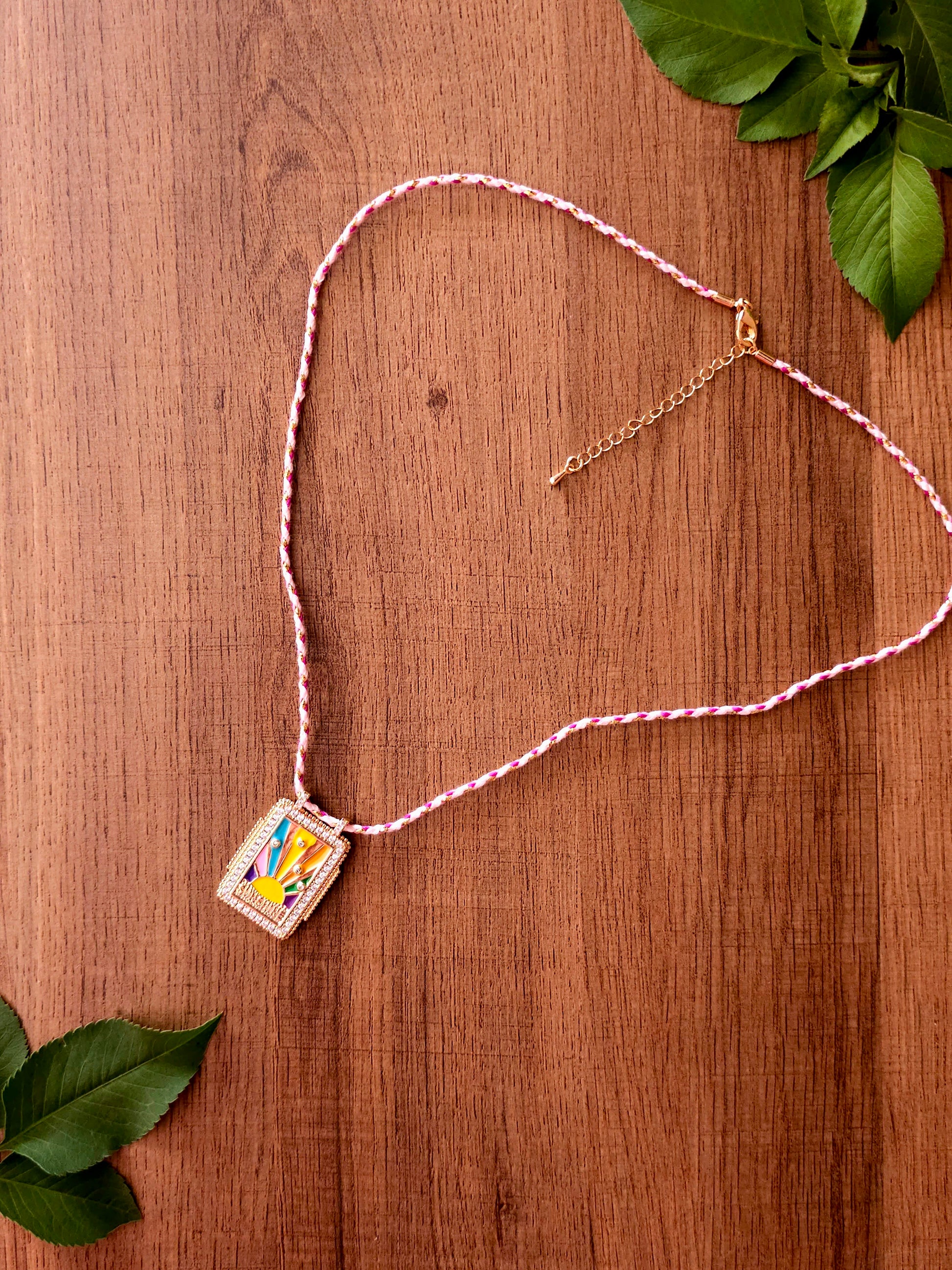 Radiant Sunrise Necklace with Rectangular Pendant and Charms