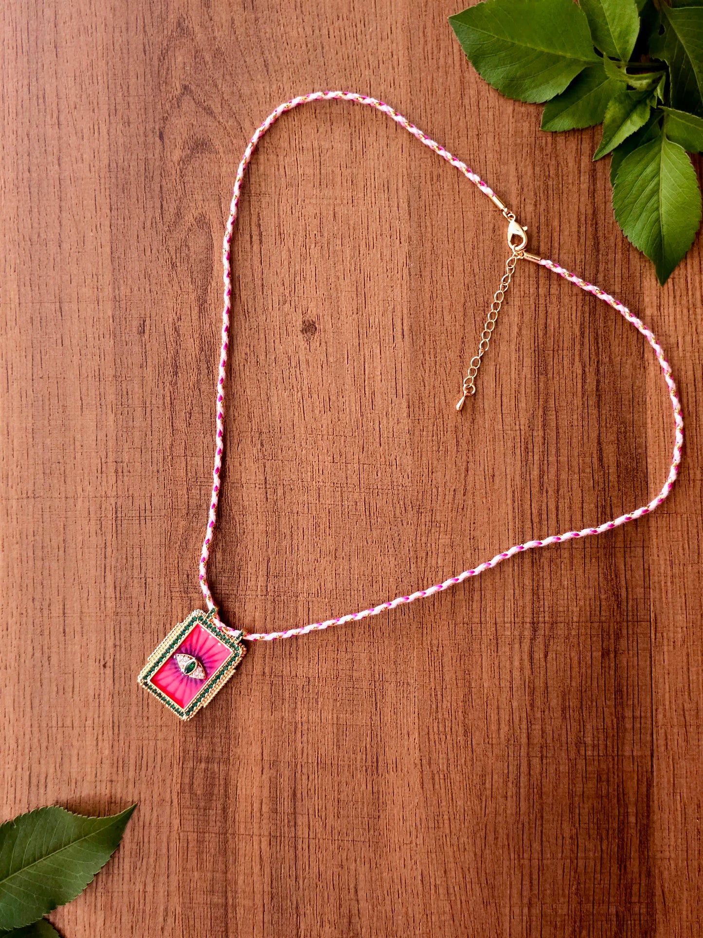Mystic Eye Necklace with Rectangular Pendant and Beaded Cord
