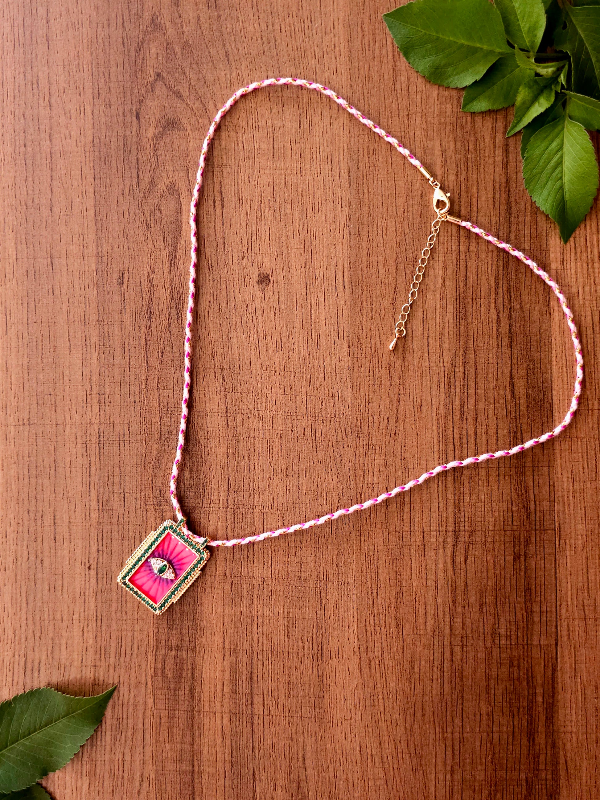 Mystic Eye Necklace with Rectangular Pendant and Beaded Cord