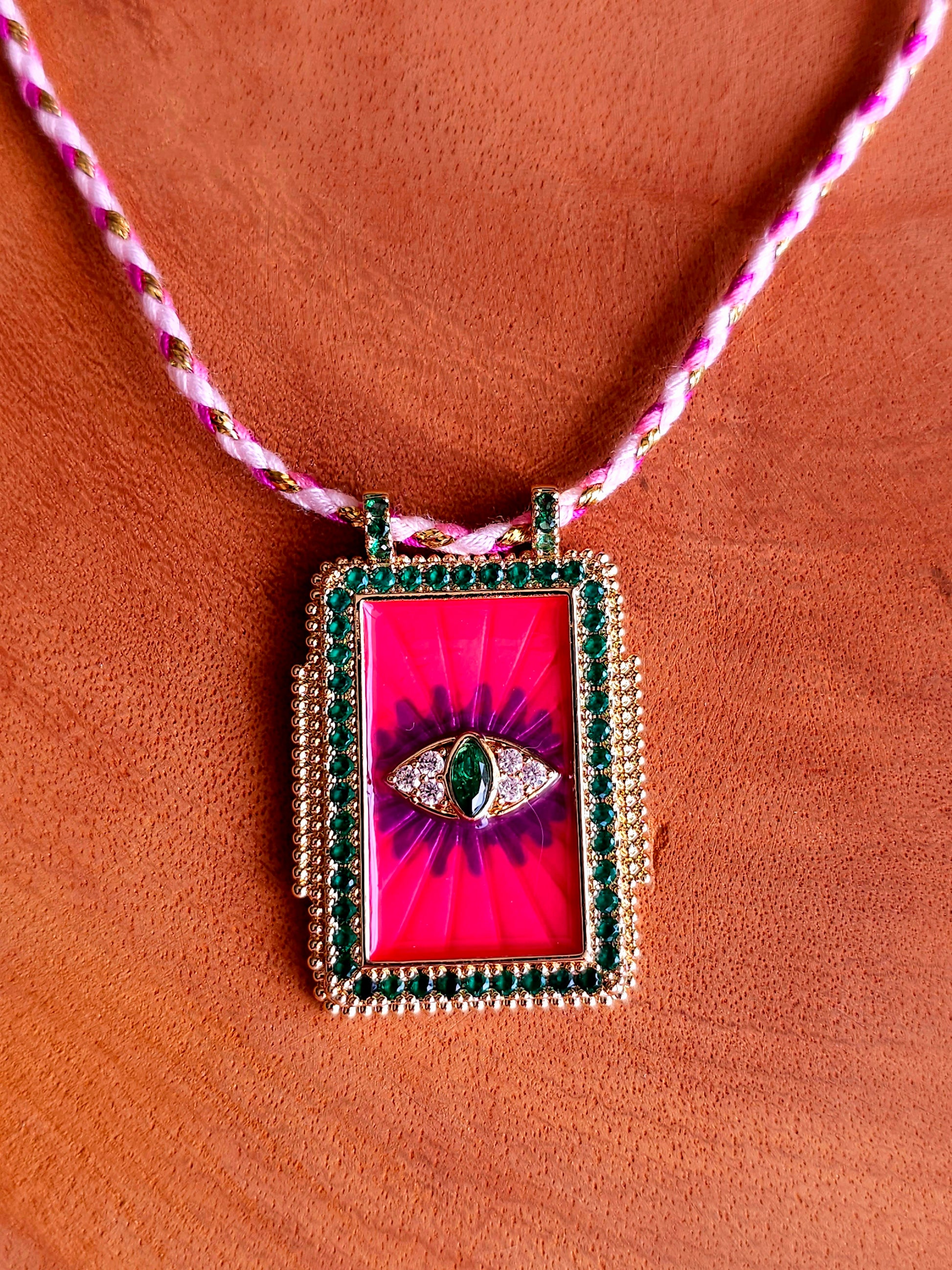 Mystic Eye Necklace with Rectangular Pendant and Beaded Cord