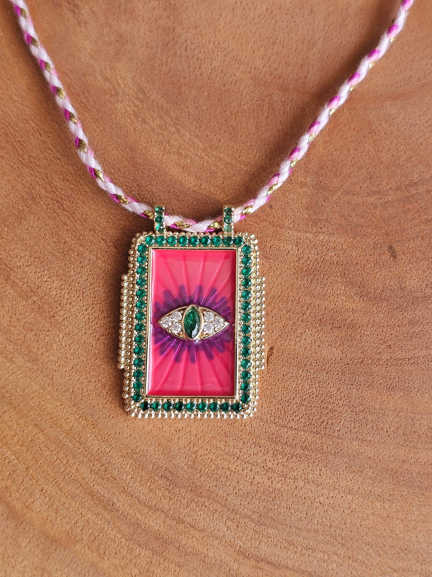 Mystic Eye Necklace with Rectangular Pendant and Beaded Cord