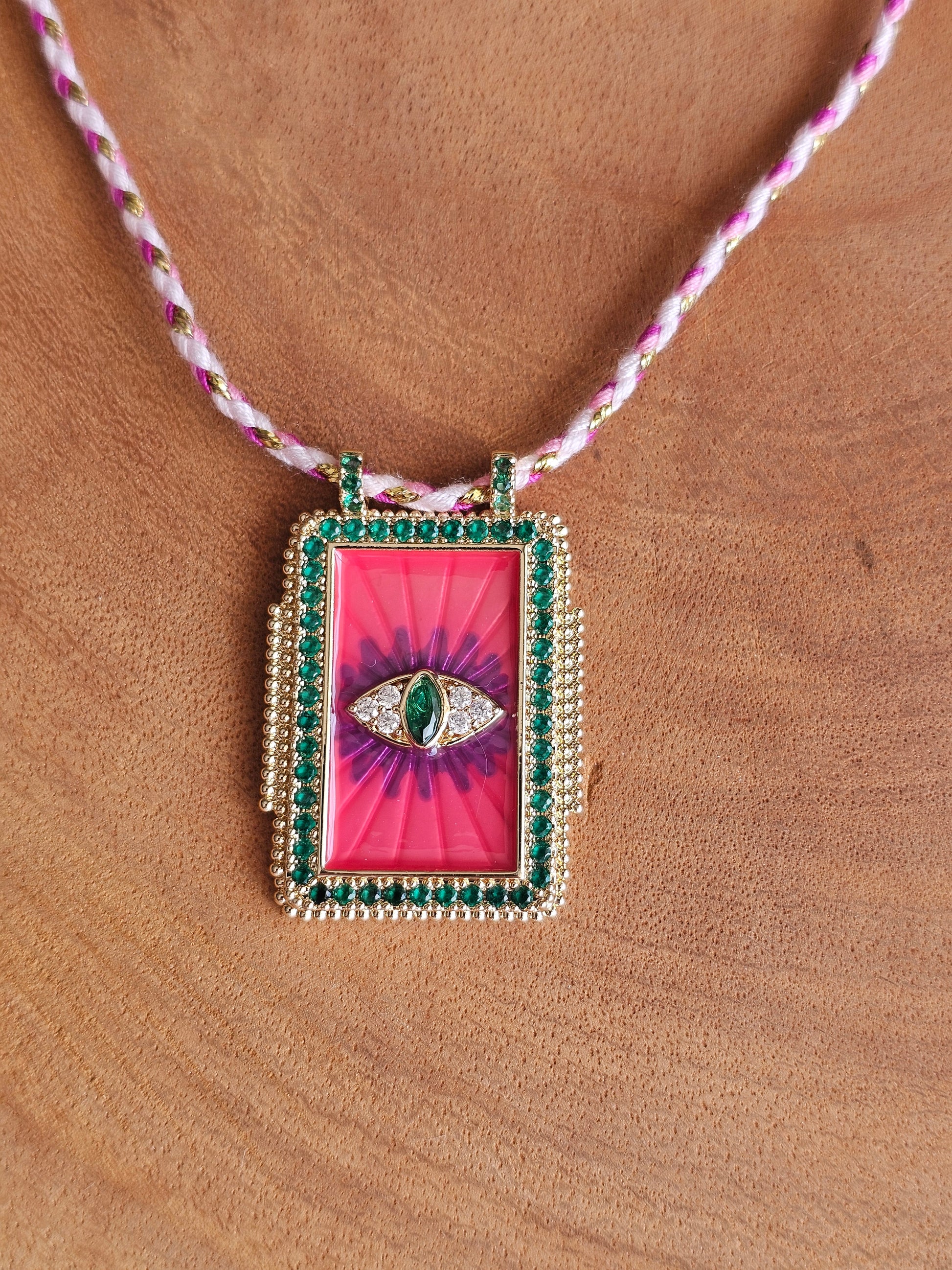 Mystic Eye Necklace with Rectangular Pendant and Beaded Cord