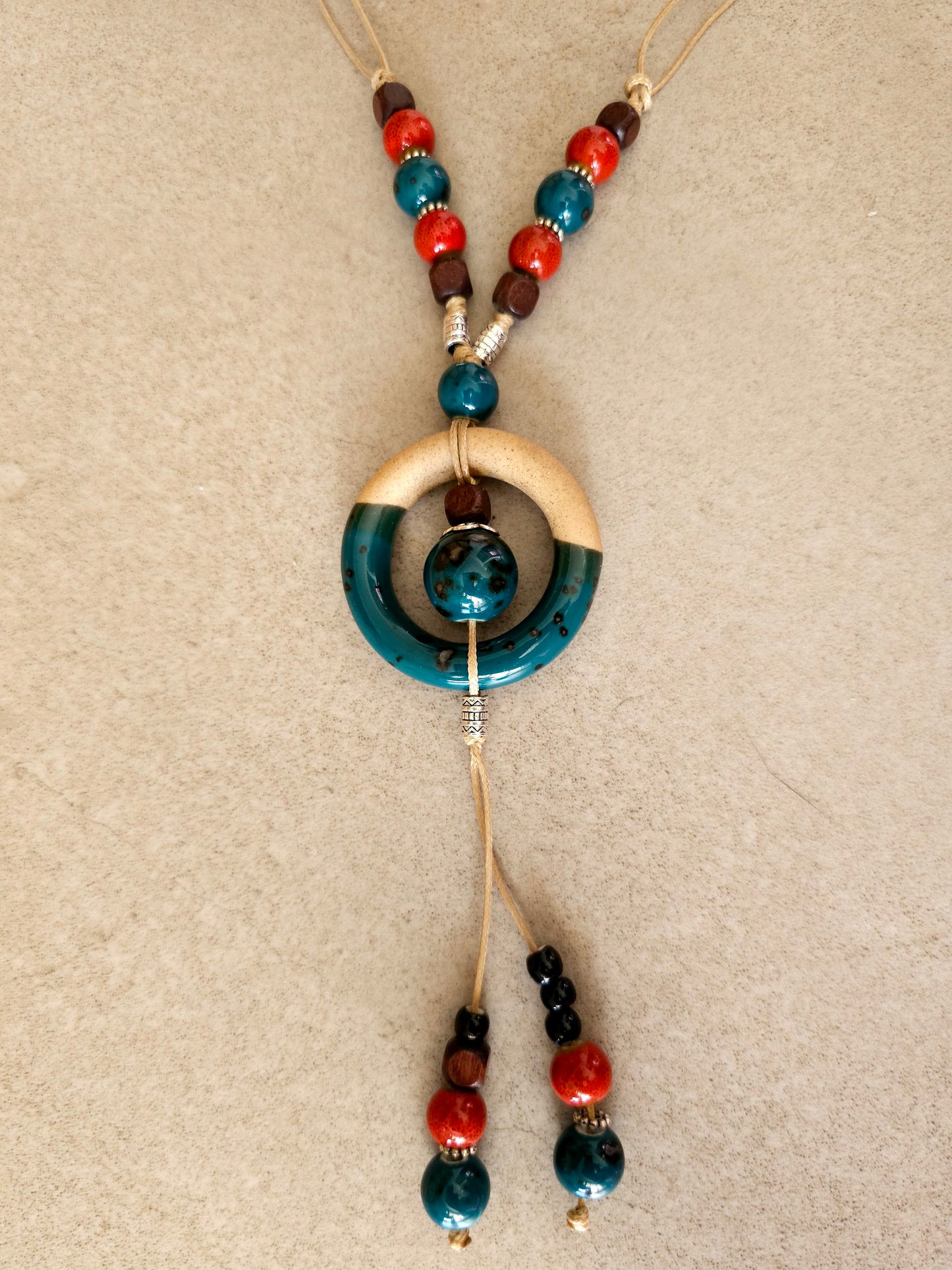 Earthy Harmony Necklace with Circular Pendant and Beads