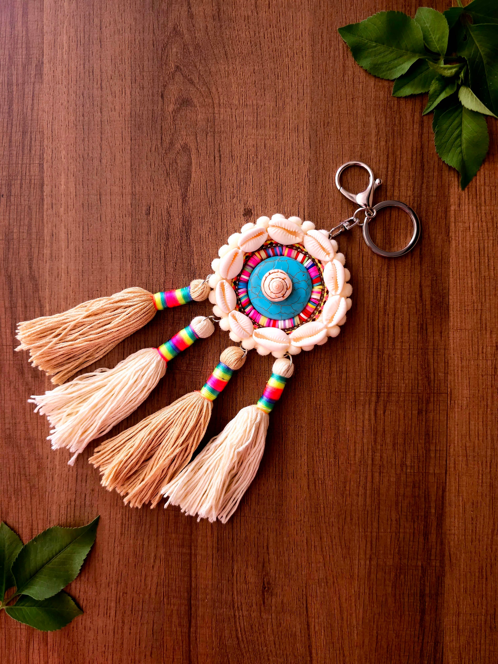 Coastal Harmony Boho Keychain with Colorful Tassels