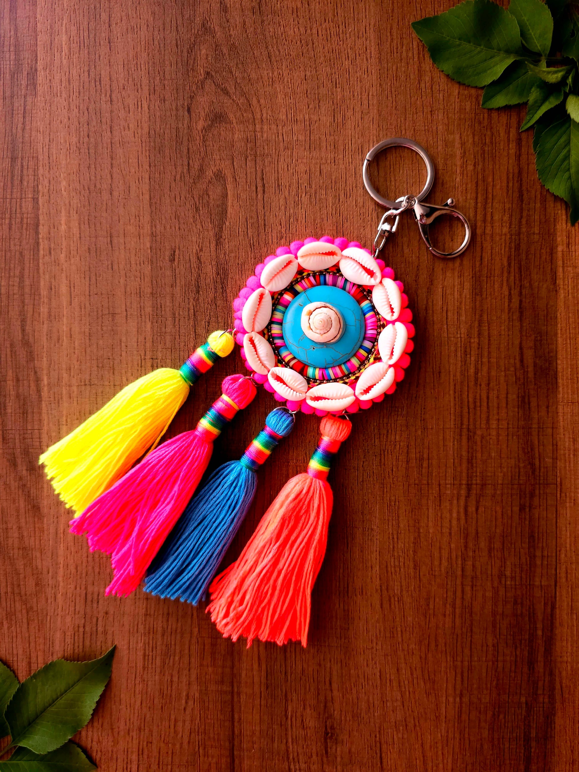 Coastal Harmony Boho Keychain with Colorful Tassels