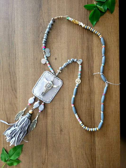 Desert Spirit Necklace with Bull Skull Pendant and Feathers
