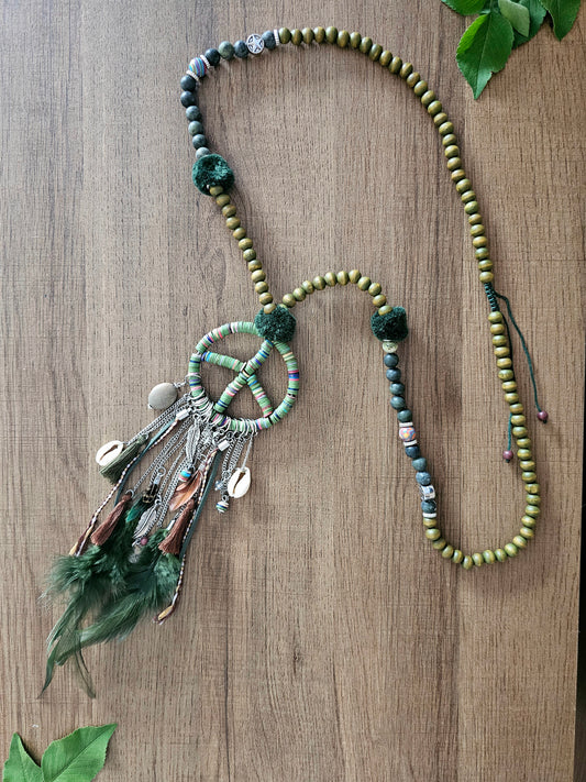Bohemian Love and Peace Necklace with Feathers and Beads
