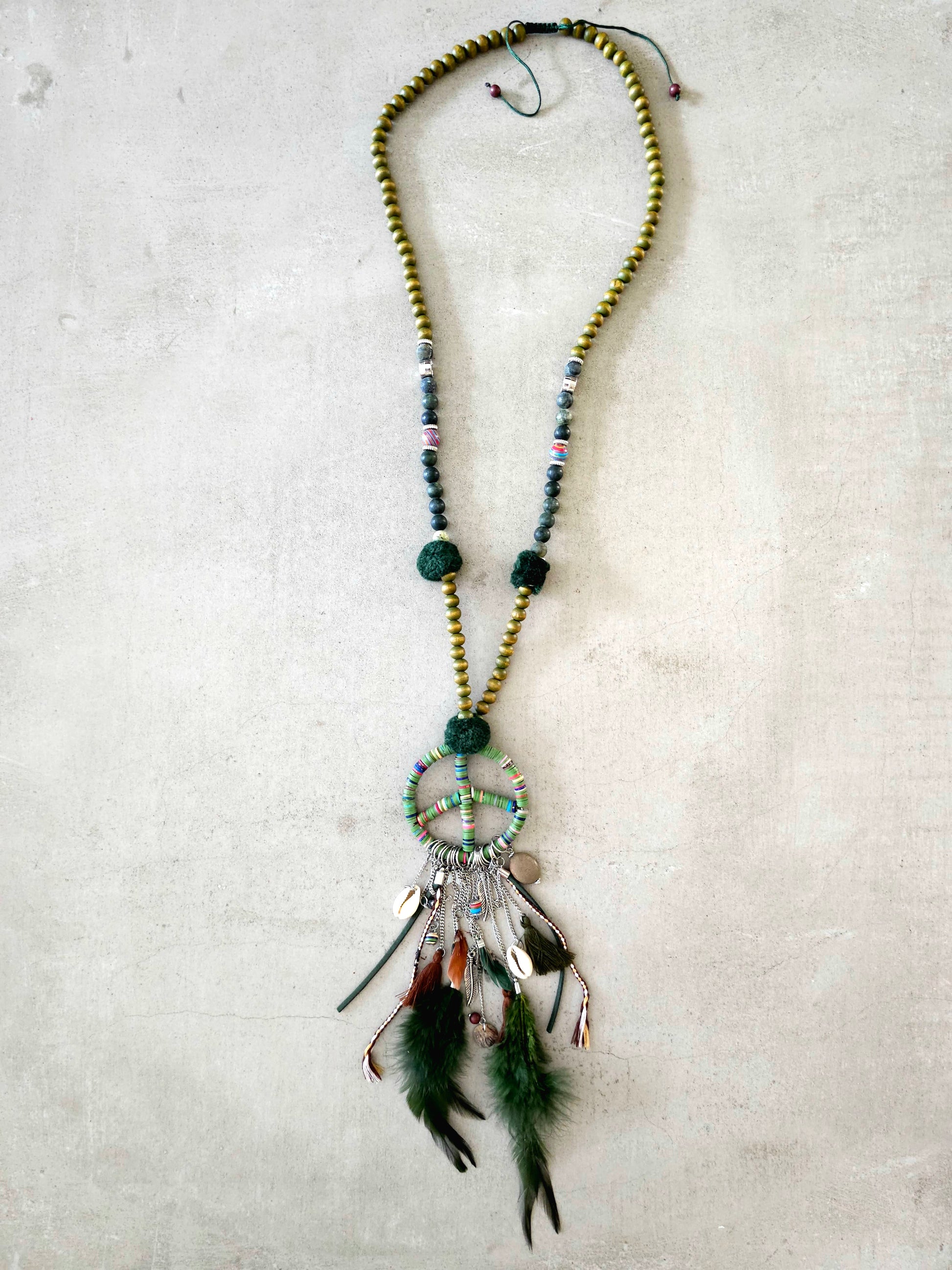 Bohemian Love and Peace Necklace with Feathers and Beads