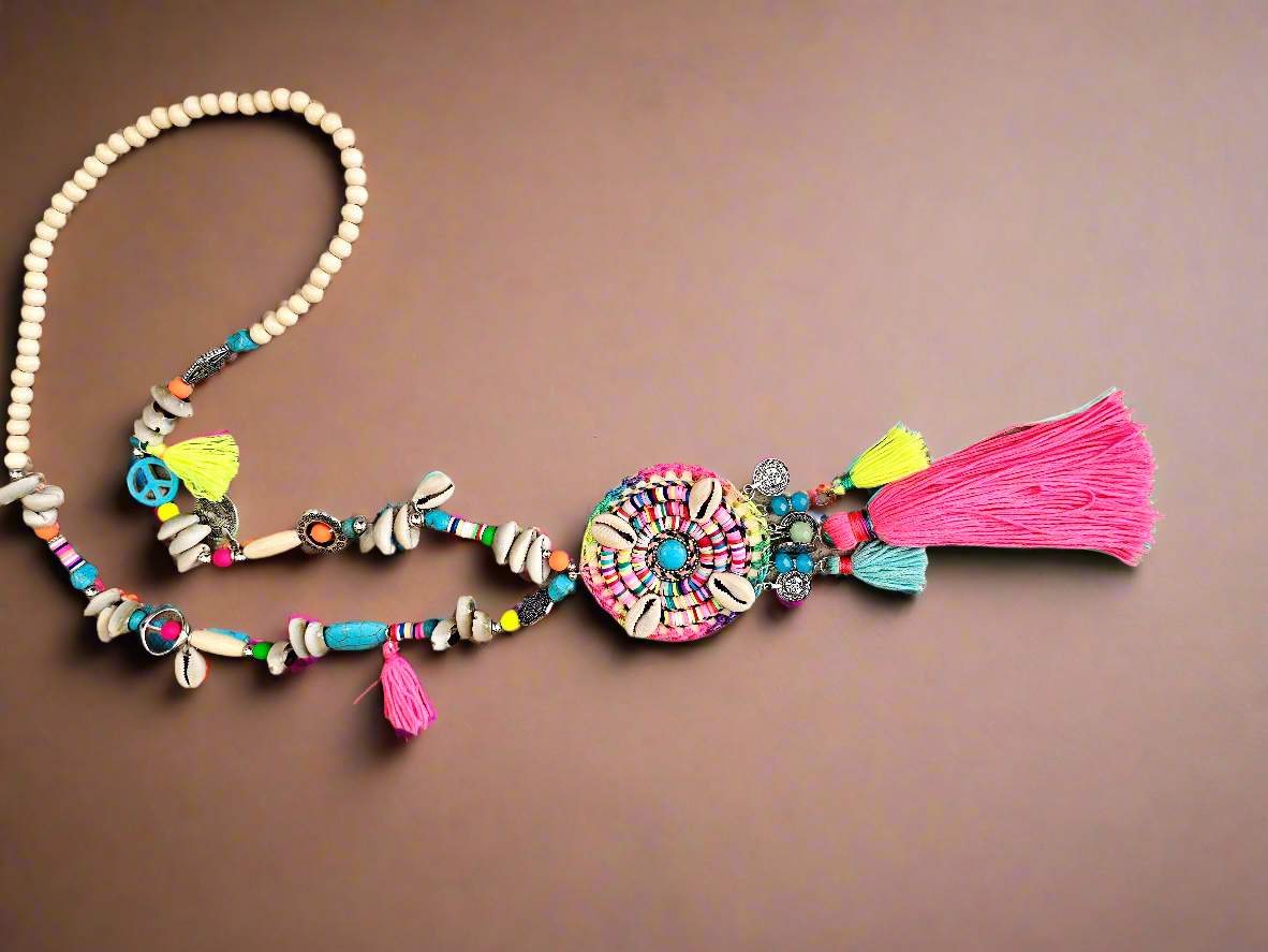 Boho Maxi Free Spirit Necklace with Pink Tassels and Cowrie Shells