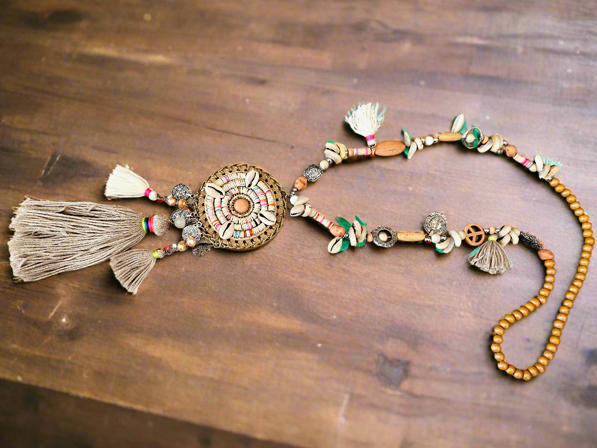 Boho Maxi Free Spirit Necklace with Cowrie Shells and Tassels